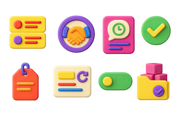 3D icon set of async creative workflows: task queue icon, handoff badge, timestamped comment screen, version approval bubble, creative brief tag, auto-updated board card, review toggle, asset