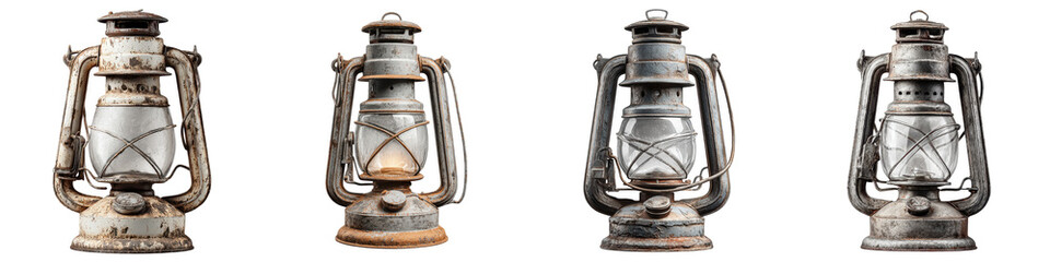 Worn Lantern, Medieval oil lantern with metal frame and handle, Light Source, isolated on white background or Transparent PNG