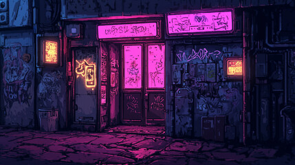 Futuristic cyberpunk alley glowing with neon lights, graffiti-covered walls, and gritty urban textures at night. © Another Galaxy