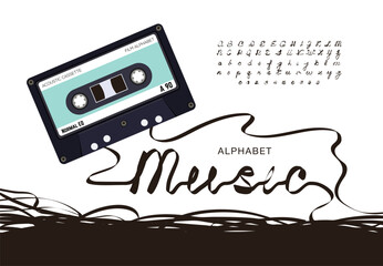 Cassette Tape Alphabet - Retro Font Made from Magnetic Audio Tape, Creative One-Line Letters and Numbers in 80s Style.