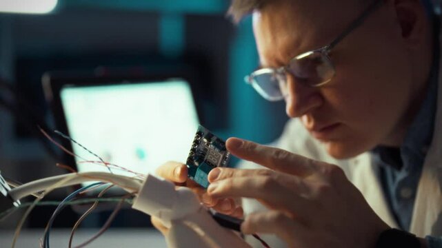 A technician focuses intently on assembling and examining electronic components, surrounded by wires and tools in a dimly lit tech lab. The activity highlights a practical approach to electronics