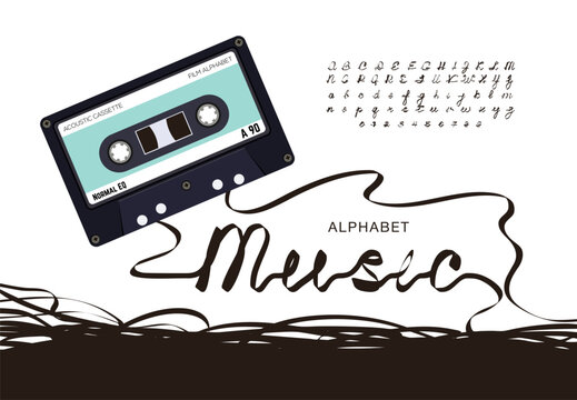 Cassette Tape Alphabet - Retro Font Made from Magnetic Audio Tape, Creative One-Line Letters and Numbers in 80s Style.