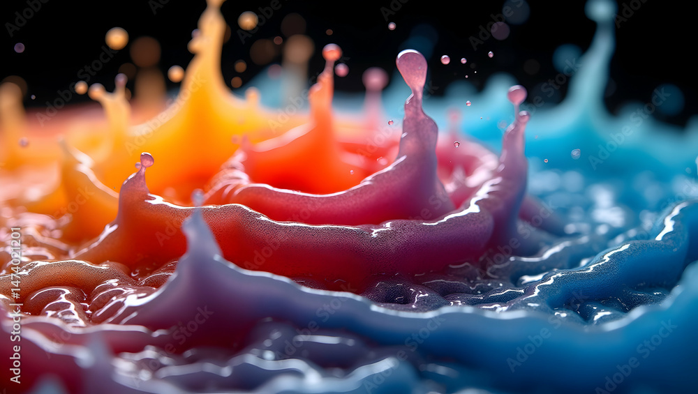 Poster vibrant liquid dance, a macro close-up of fluid dynamics in motion, revealing mesmerizing patterns a