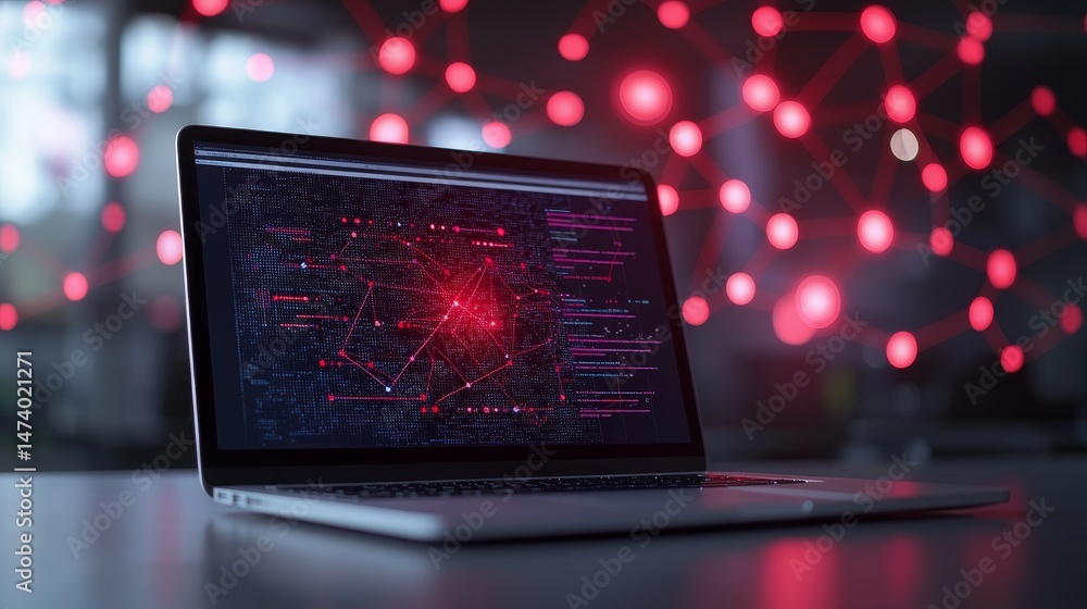Poster laptop displaying network data with abstract connections in the background. online conferences netwo