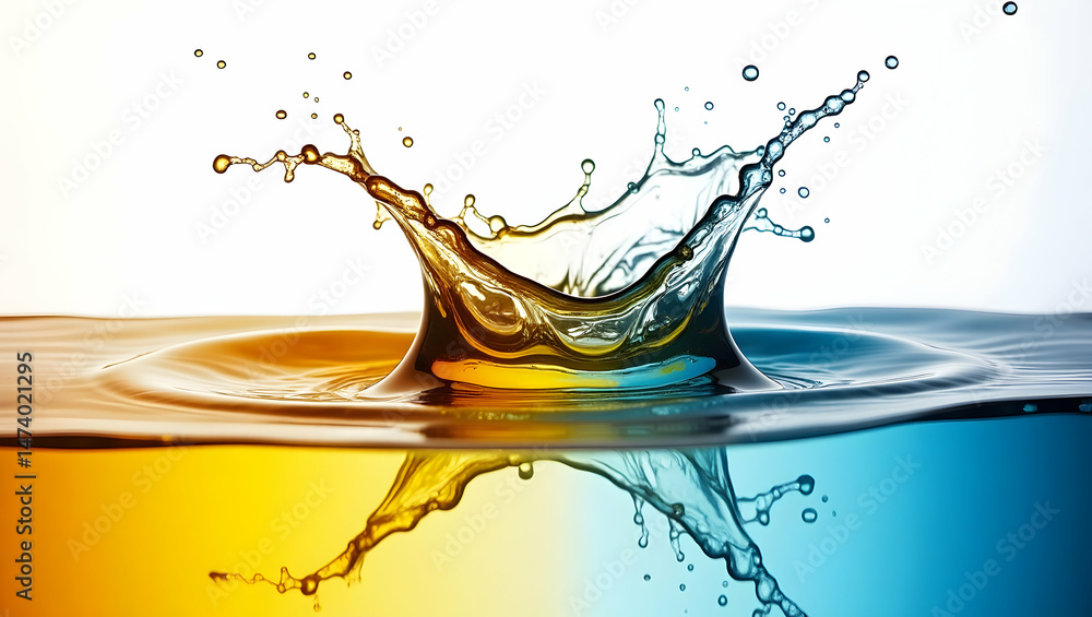 Poster vibrant macro photograph showcasing the dynamic splash of two merging liquids creating an artistic h