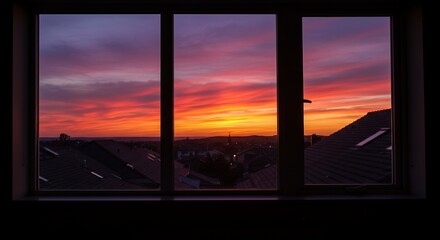Vibrant sunset view through a window showcasing a colorful sky over rooftops, creating a stunning and picturesque evening scene with dramatic light and color.