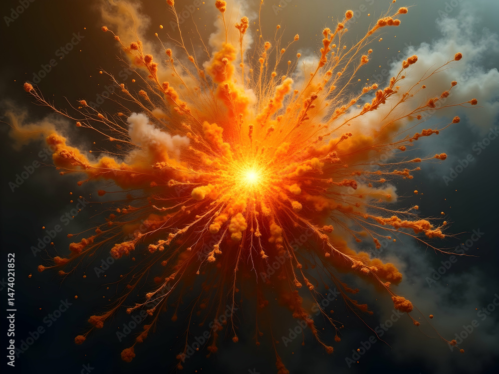 Poster vibrant orange burst, a dynamic display of energy and radiance in a centralized composition against 