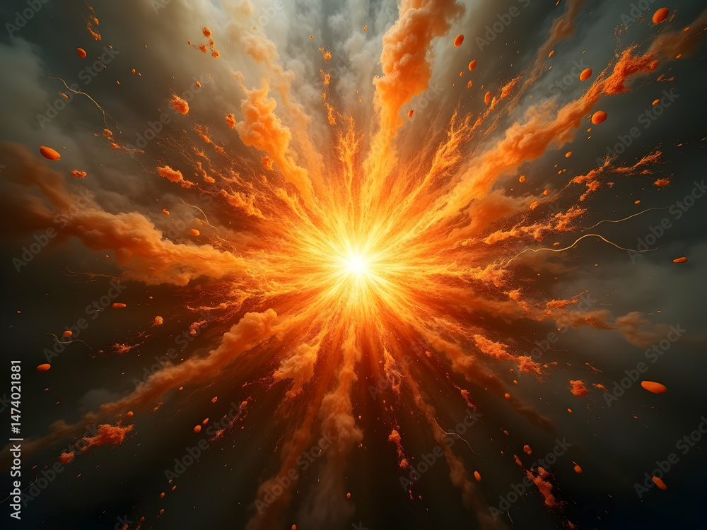 Poster vibrant orange energy burst emanating from a central point, creating a dynamic and visually striking