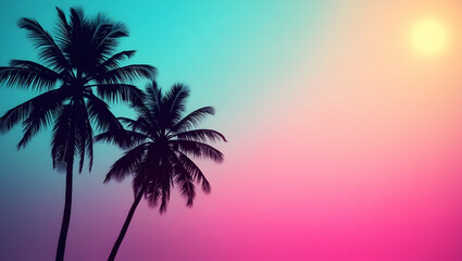 Vibrant ombre tropical paradise, Palm trees silhouetted against a gradient sky of soft aquamarine, peach, and pink hues, evoking a serene and dreamy atmosphere