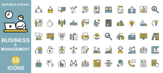 Colored business and management  icon set. Editable stroke. Vector illustration