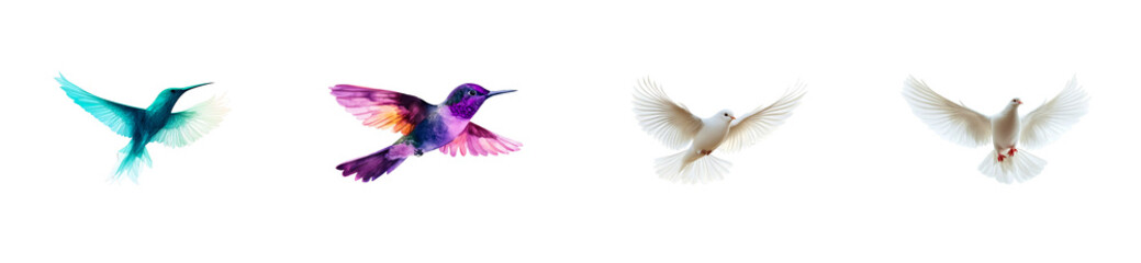Obraz premium Hummingbird and dove in flight, watercolor style, isolated, cut out transparent