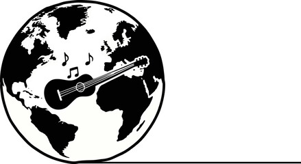 Global Harmony: Guitar and Music Notes Encircling the Earth