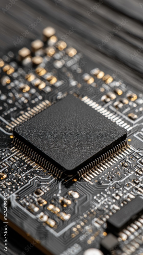 Poster close-up of a microchip on a circuit board showcasing intricate details of electronic components and