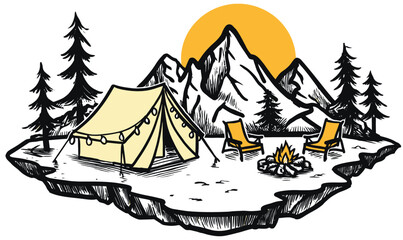 Cozy Camping Scene with Tent, Mountains, Sun, and Fire Pit in Nature Setting