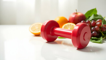 Vibrant Red Dumbbell Juxtaposed with Fresh Fruits on a White Surface, A Study in Health, Fitness, and Wellness, Promoting Healthy Lifestyle and Nutrition