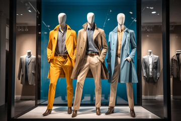 Mannequins displaying men's outerwear in store window. Vibrant yellow trench coat with matching trousers, classic beige trench coat with light-colored pants, light blue trench coat. 