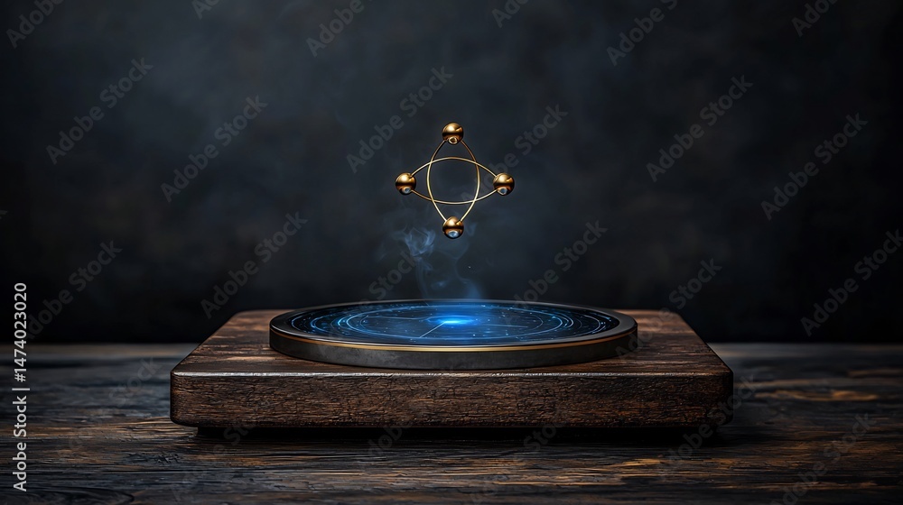 Poster golden geometric structure floating above dark circular platform