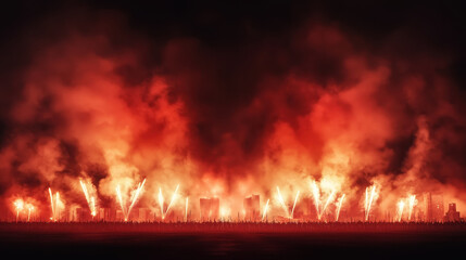 Captivating fireworks illuminate night sky over city skyline, creating stunning visual display of vibrant colors and excitement