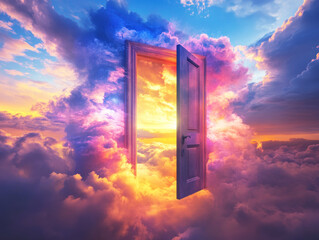 Magical door opening to vibrant sunset amidst colorful clouds