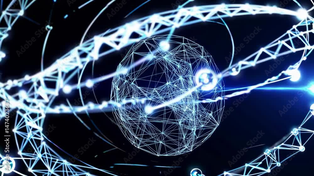 Poster glowing neural network sphere spinning, creating vibrant light trails and digital particles against 