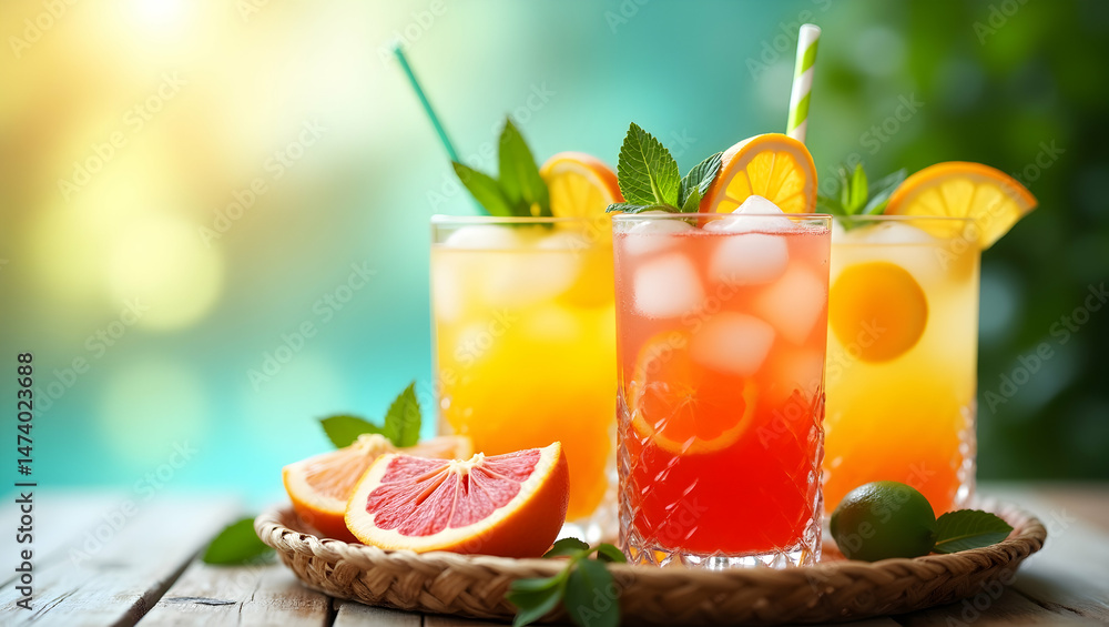 Poster vibrant summer refreshments, a colorful array of citrus infused drinks with ice cubes and mint garni