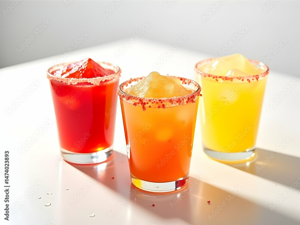 Poster vibrant trio of frozen margaritas each uniquely colored and decorated creating a visually appealing 