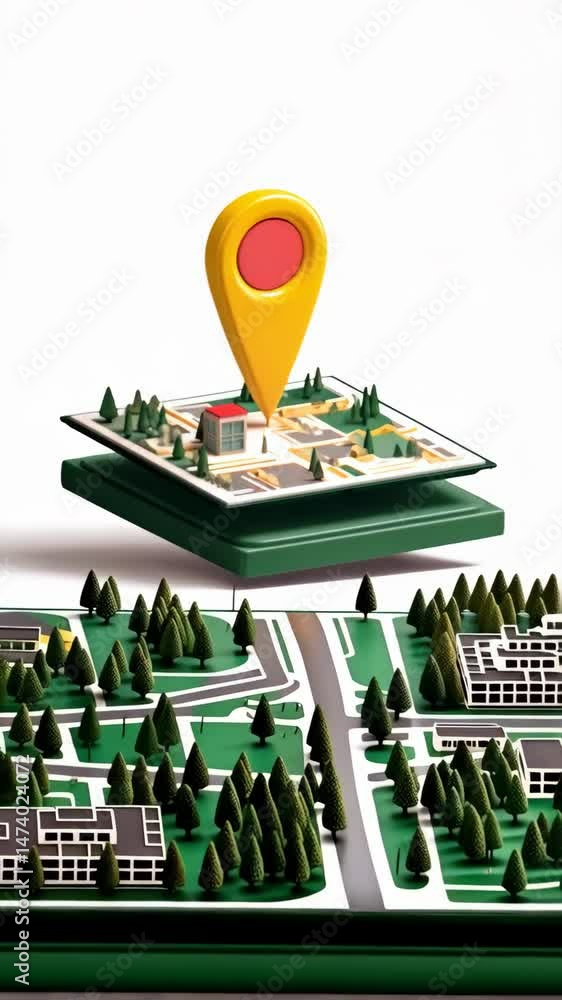 Poster location pin hovering over a stylized map with trees and buildings, showcasing directions and geogra
