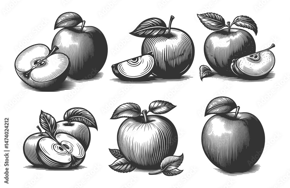 Poster apples, sliced apples, and leafy branches set collection bundle sketch engraving generative ai raste