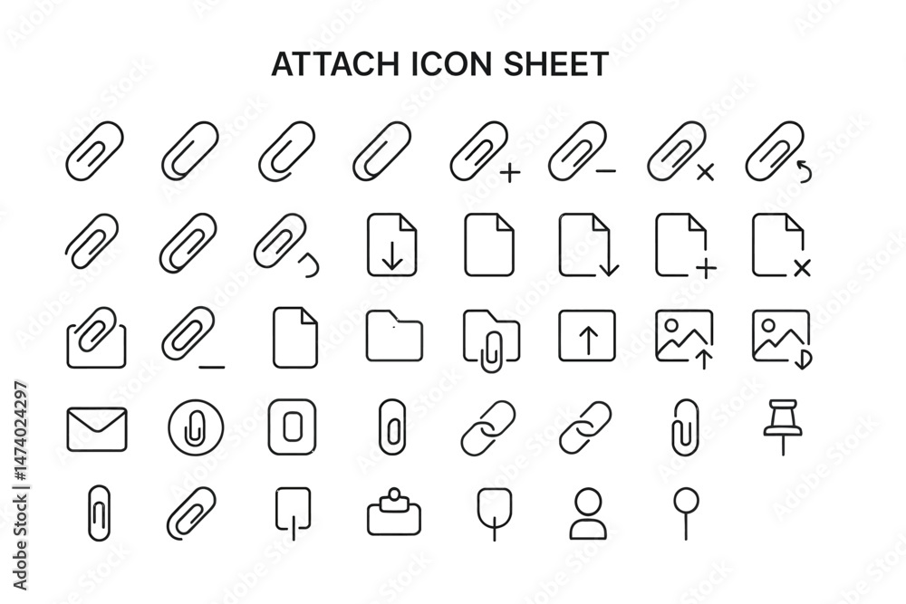 Poster attach icon sheet: a comprehensive collection of line art icons representing attachment functions an