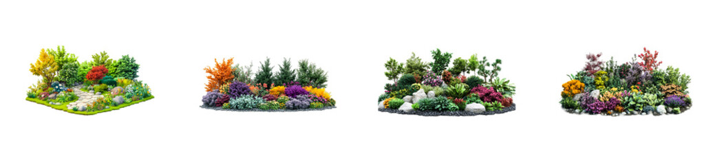 Diverse landscaped garden arrangements collection, cut out transparent