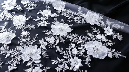 Elegant White Floral Embroidery on Black Fabric with Delicate Intricate Designs and Patterns