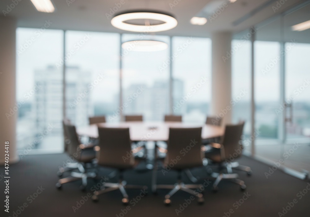 Poster blurred conference room with round table and chairs in front of large windows overlooking city build