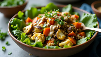 Vibrant Vegan Buddha Bowl with Roasted Vegetables and Creamy Dressing, A Delicious and Healthy Meal Option for Plant Based Eaters, Full of Flavor and Nutrients