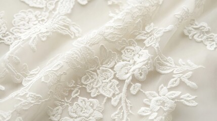 Intricate White Floral Lace Fabric with Embroidery Details for Textile and Fashion Designs