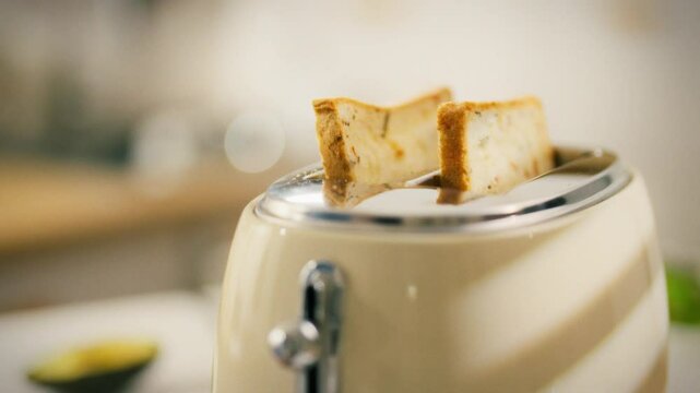 Slices of bread are positioned upright in a kitchen toaster, heating before being served. This simple morning activity highlights breakfast prep in a cozy home environment