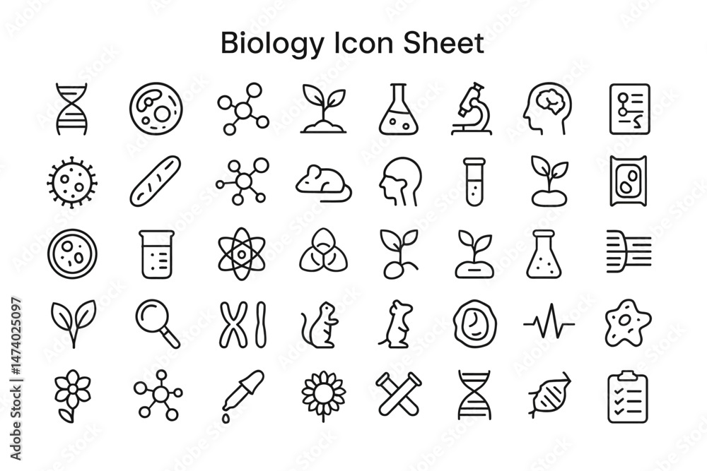 Poster science icon sheet: a collection of neatly arranged line art biology icons representing the core con