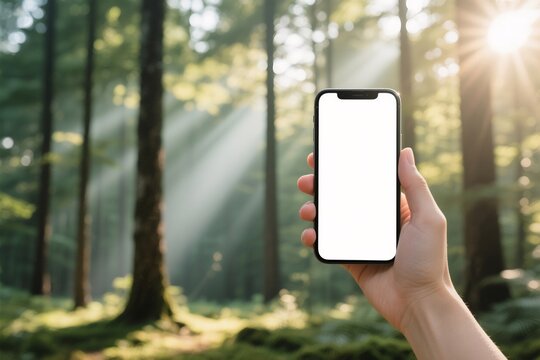 A hand holding a smartphone with a blank screen, the background is a beautiful forest with sun rays shining through the trees.