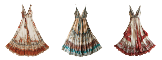 Collection of flowing bohemian inspired maxi dresses with detail patterns isolated on a white or transparent background.
