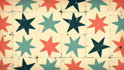Vintage Star Tile Pattern, A Retro-Inspired Graphic with Repeating Star Motifs in Teal, Navy, and Coral Hues on a Distressed Cream Background, Evoking Nostalgia
