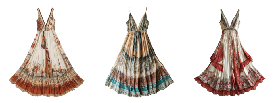 Collection of flowing bohemian inspired maxi dresses with detail patterns isolated on a white or transparent background.