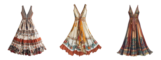 Collection of flowing bohemian inspired maxi dresses with detail patterns isolated on a white or transparent background.