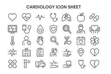 Cardiology Icon Sheet: A comprehensive and versatile collection of  linear iconography relating to cardiology, health, and heart health. This set includes icons for heart health.