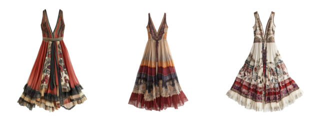 Collection of flowing bohemian inspired maxi dresses with detail patterns isolated on a white or transparent background.