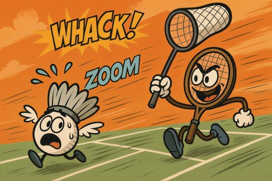 Funny A dynamic cartoon scene depicting a determined badminton racket chasing a frightened shuttlecock on a vibrant green court, with energetic movement and expressions.