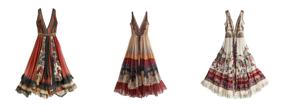 Collection of flowing bohemian inspired maxi dresses with detail patterns isolated on a white or transparent background.