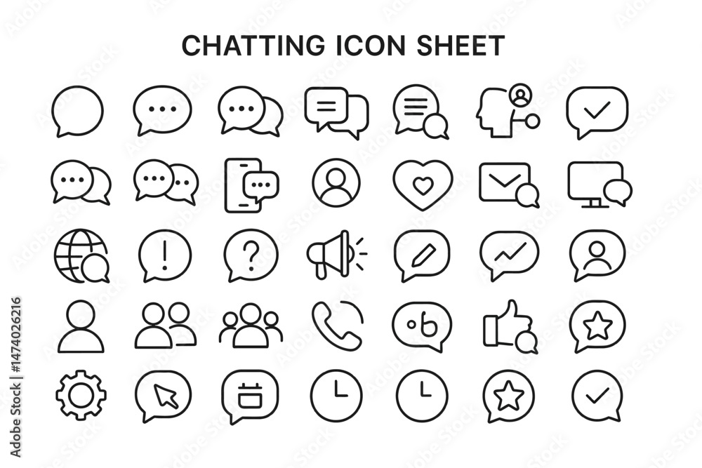Poster chatting icon sheet: a comprehensive set of line art icons perfect for web and app design, focusing 