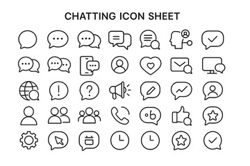 Chatting Icon Sheet: A comprehensive set of line art icons perfect for web and app design, focusing on communication, messaging, and user interaction elements.