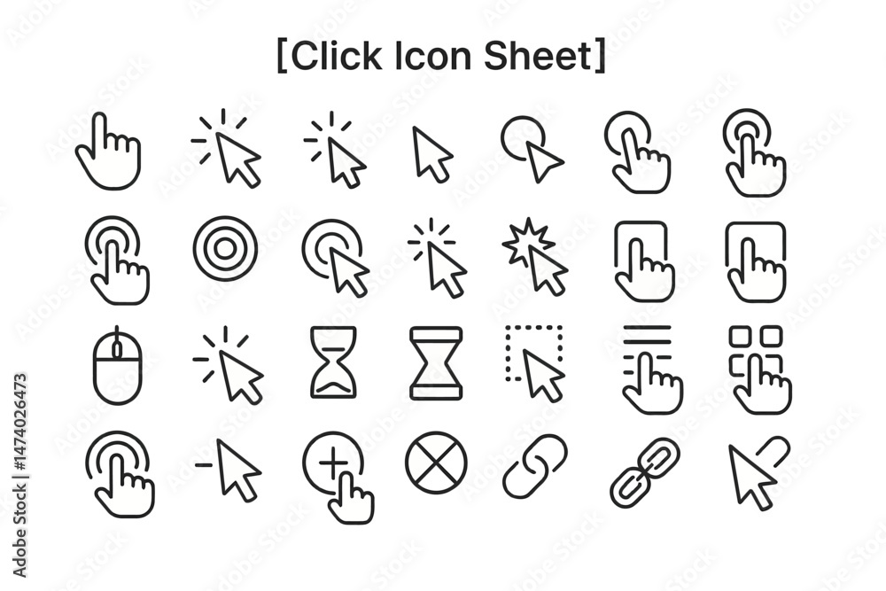 Poster click icon collection: a comprehensive set of precisely crafted icons for web and interface design, 