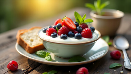 Warm and Inviting Natural Homemade Breakfast Setting with Yogurt, Berries, and Toast on a Rustic Wooden Table for a Healthy and Delightful Morning