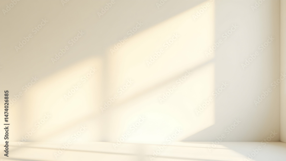 Poster warm diffused sunlight pours through an unseen window creating soft shadows on the blank wall and fl